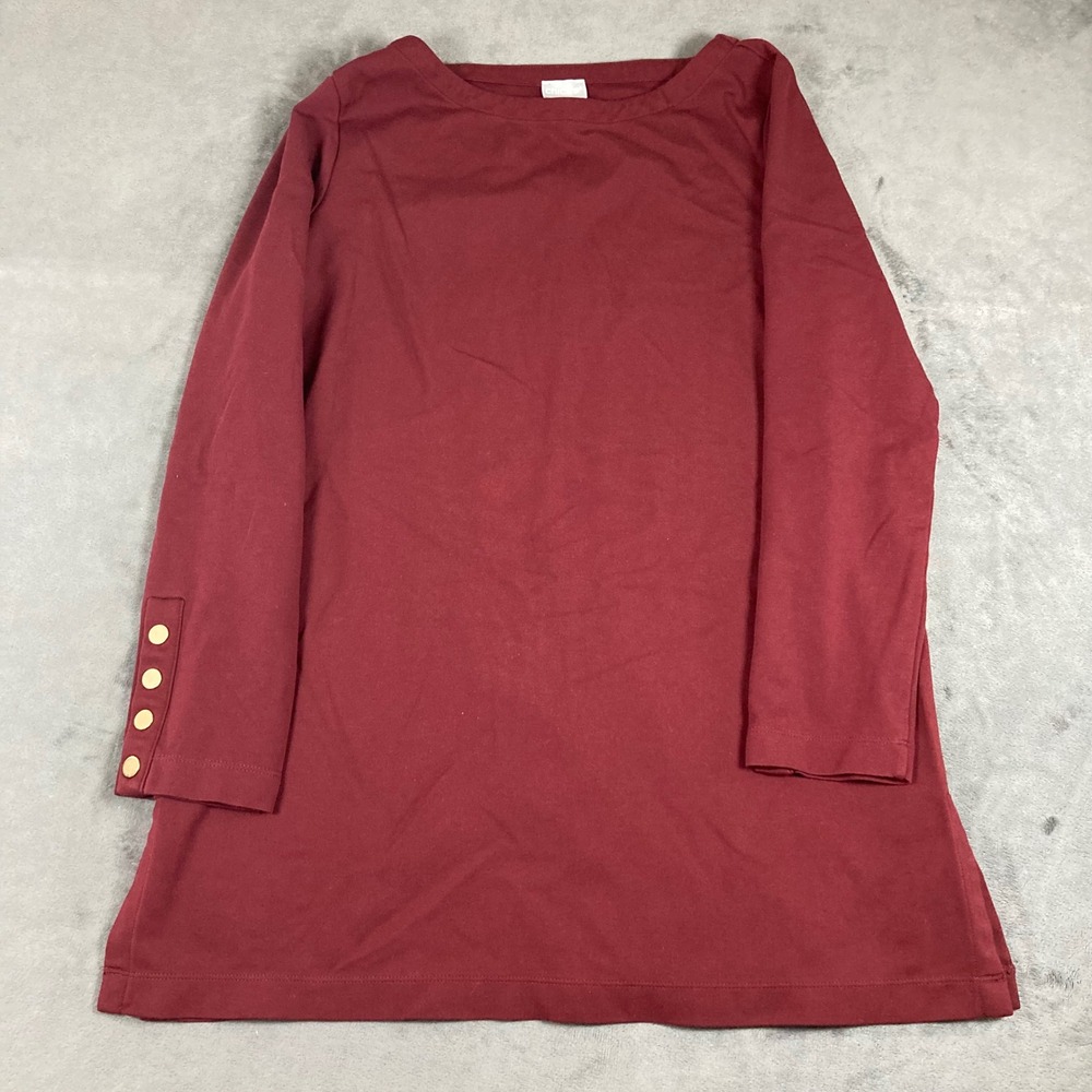 Chicos Burgundy Red Knit Tunic Top Gold Button Cuff Boat Neck Womens Size 1 M